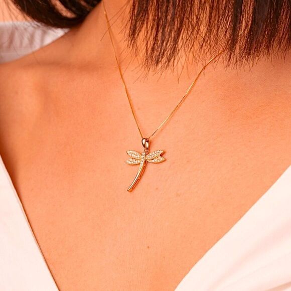 14K Solid Gold Dragonfly Pendant with Cubic Zirconia Accents - Picture 2 of 5